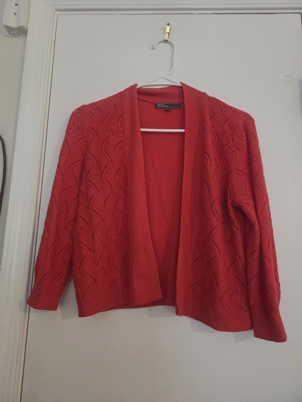 89th & Madison Red Open Front Cardigan Sweater Chevron Knit Size M